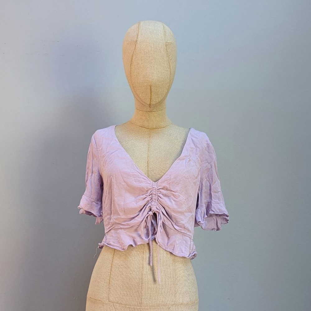 L'Academie Lucia Ruched Drawstring Purple Flutter Sleeve Top - Small - Picture 2 of 9